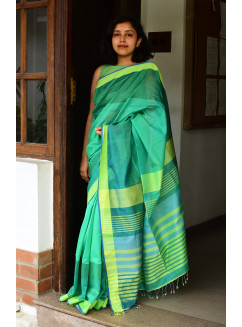 Green, Handwoven Organic Cotton, Textured Weave , Jacquard, Work Wear Saree
